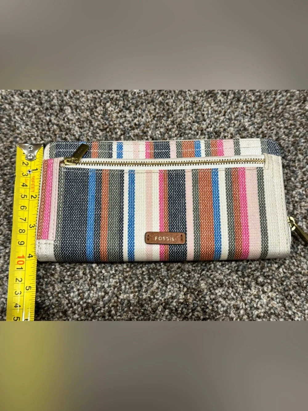 Fossil Striped Canvas Wallet in Pink, Blue, Brown & Cream Fully Zip Around